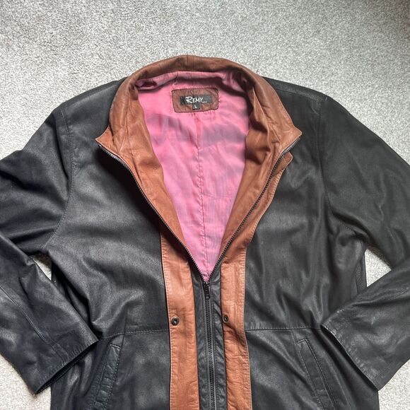 VTG Remy Soft Leather Jacket Double Collar, Black, Iridescent Lining, Mens Large - Picture 4 of 10
